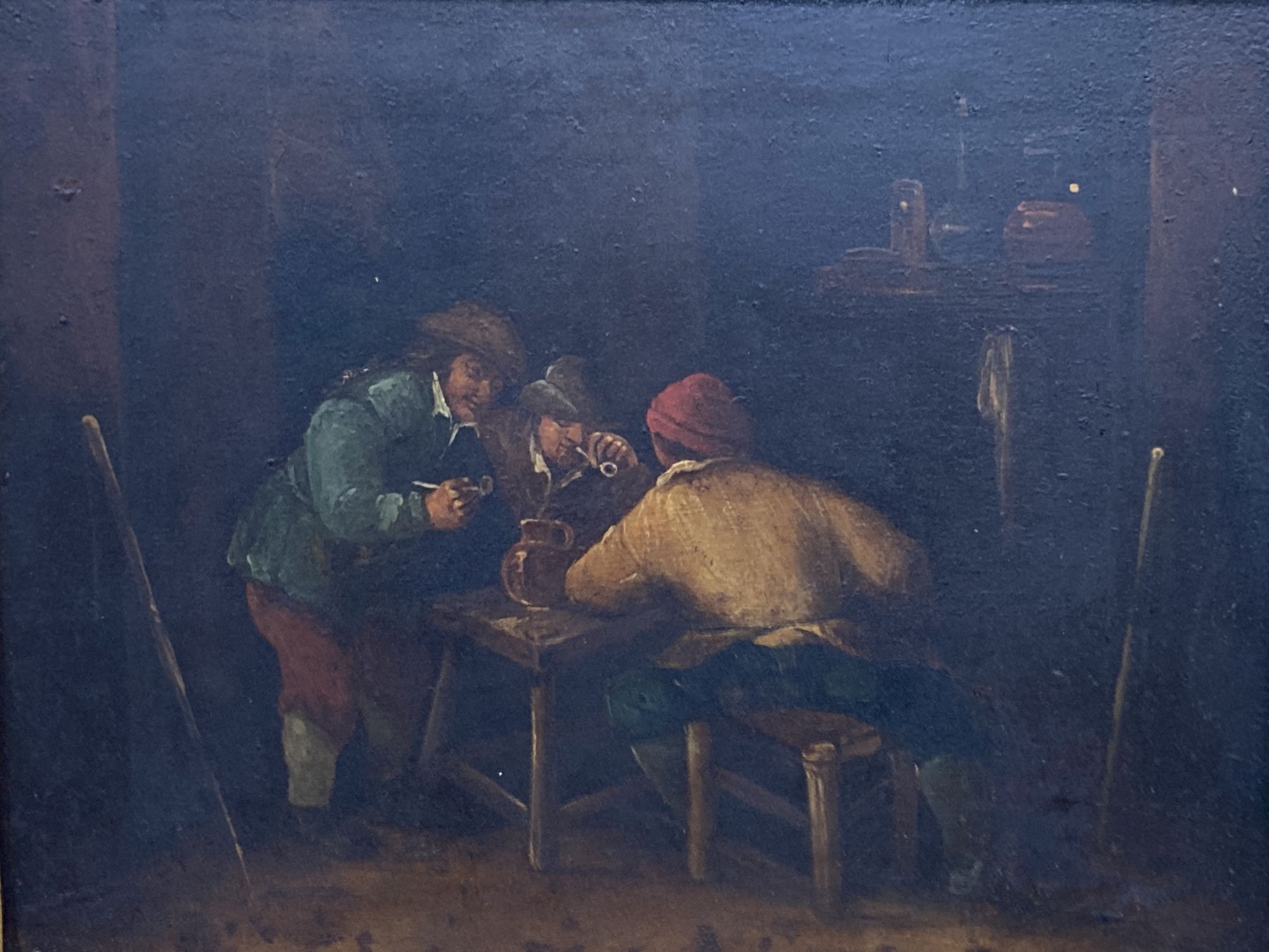 After Adriaen Van Ostade (1610-1685), oil on wooden panel, Interior with pipe smokers, 19 x 24.5cm